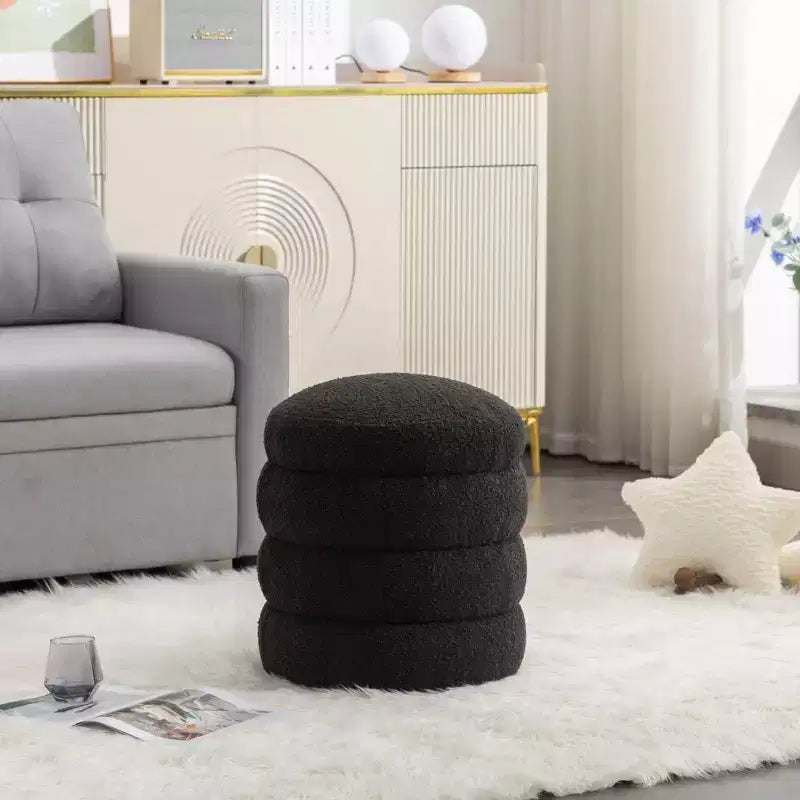 Soft Boucle Round Ottoman Footrest Stool,Black