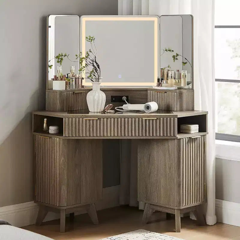 Mobile Toeletta Angolare con Specchio LED e Stazione di Ricarica, Tavolo da Trucco Scanalato da 122 cm con Piano in Vetro e Armadietti Contenitori