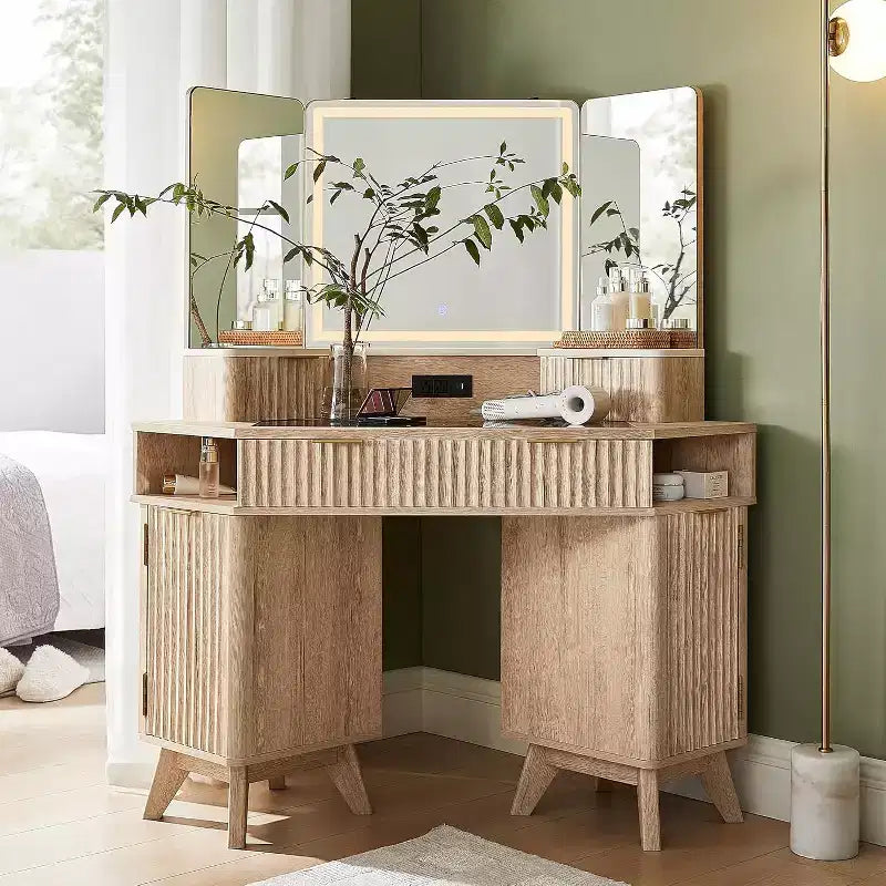Mobile Toeletta Angolare con Specchio LED e Stazione di Ricarica, Tavolo da Trucco Scanalato da 122 cm con Piano in Vetro e Armadietti Contenitori