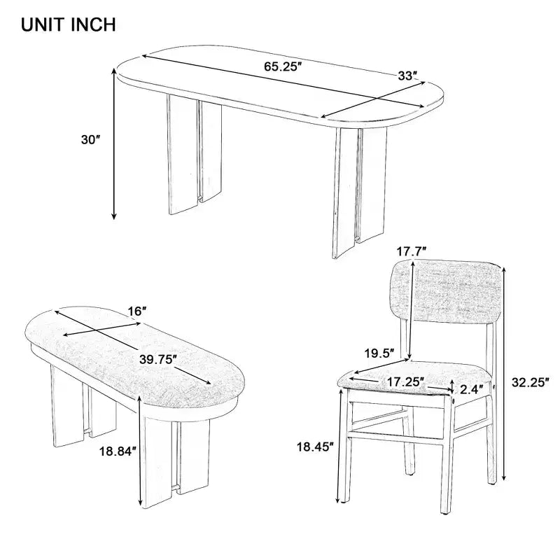 Set tavolo da pranzo Whisen 6 pezzi in legno massello con panca e sedie imbottite per cucina o sala da pranzo, stile moderno rustico, disponibile in 2 colori classici