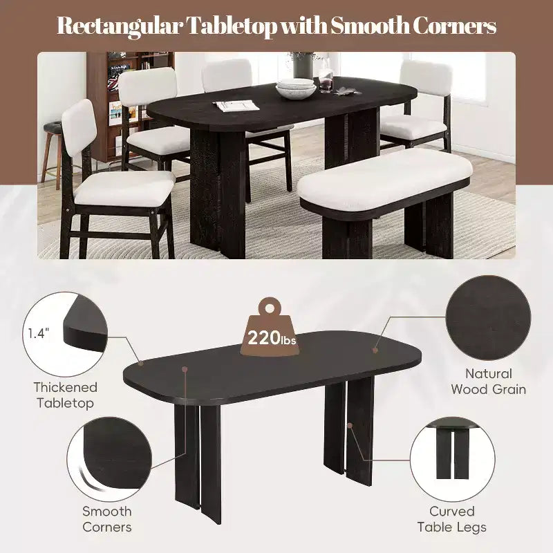 Set tavolo da pranzo Whisen 6 pezzi in legno massello con panca e sedie imbottite per cucina o sala da pranzo, stile moderno rustico, disponibile in 2 colori classici