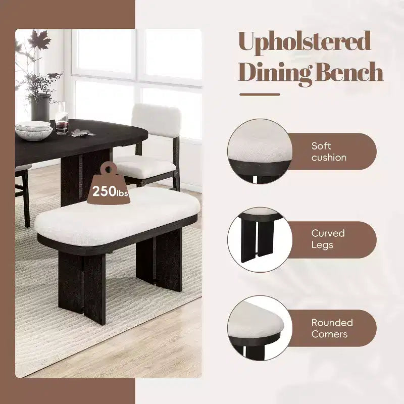 Set tavolo da pranzo Whisen 6 pezzi in legno massello con panca e sedie imbottite per cucina o sala da pranzo, stile moderno rustico, disponibile in 2 colori classici