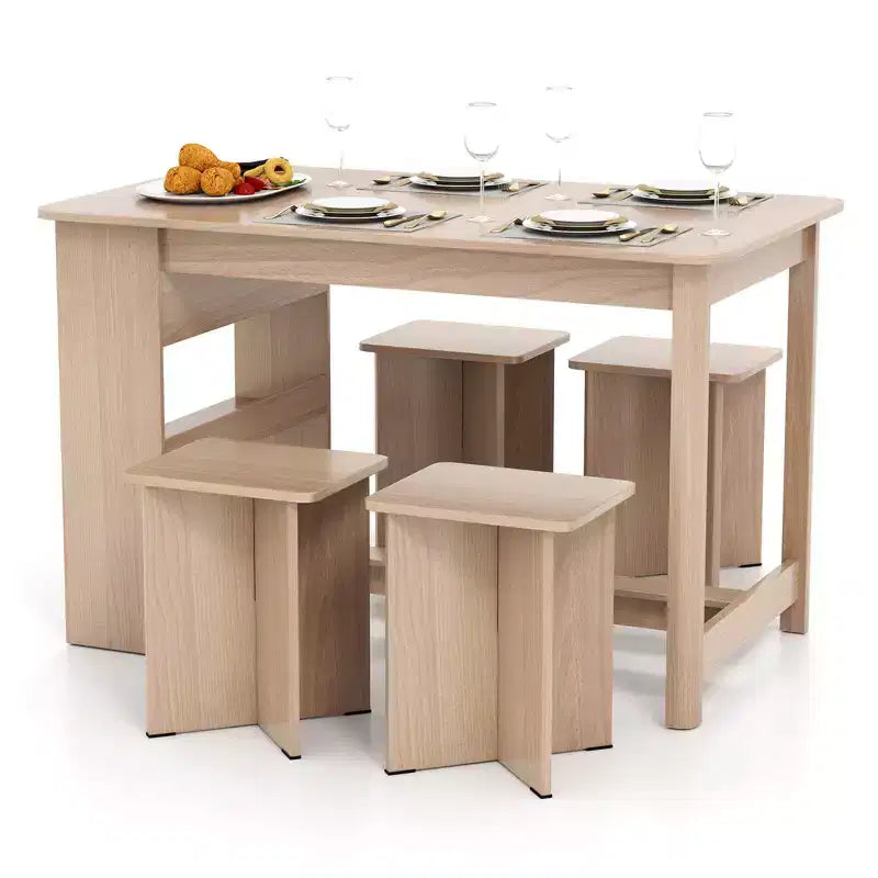 Set tavolo da pranzo Costway 5 pezzi con ripiano portaoggetti, tavolo da cucina rettangolare con 4 sgabelli Beige/Grigio