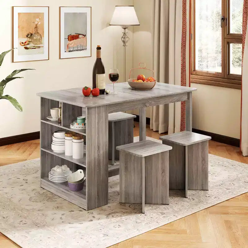 Set tavolo da pranzo Costway 5 pezzi con ripiano portaoggetti, tavolo da cucina rettangolare con 4 sgabelli Beige/Grigio