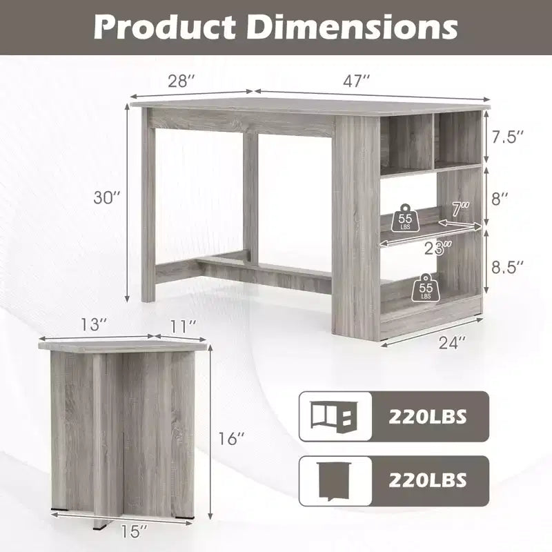 Set tavolo da pranzo Costway 5 pezzi con ripiano portaoggetti, tavolo da cucina rettangolare con 4 sgabelli Beige/Grigio