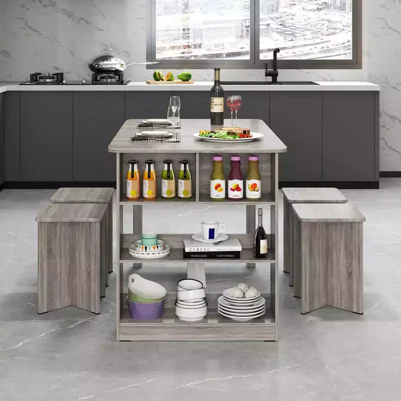 Set tavolo da pranzo Costway 5 pezzi con ripiano portaoggetti, tavolo da cucina rettangolare con 4 sgabelli Beige/Grigio