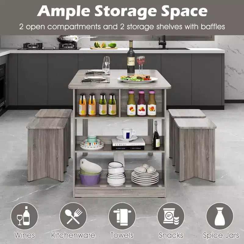 Set tavolo da pranzo Costway 5 pezzi con ripiano portaoggetti, tavolo da cucina rettangolare con 4 sgabelli Beige/Grigio