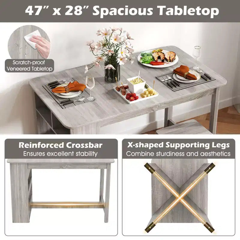 Set tavolo da pranzo Costway 5 pezzi con ripiano portaoggetti, tavolo da cucina rettangolare con 4 sgabelli Beige/Grigio