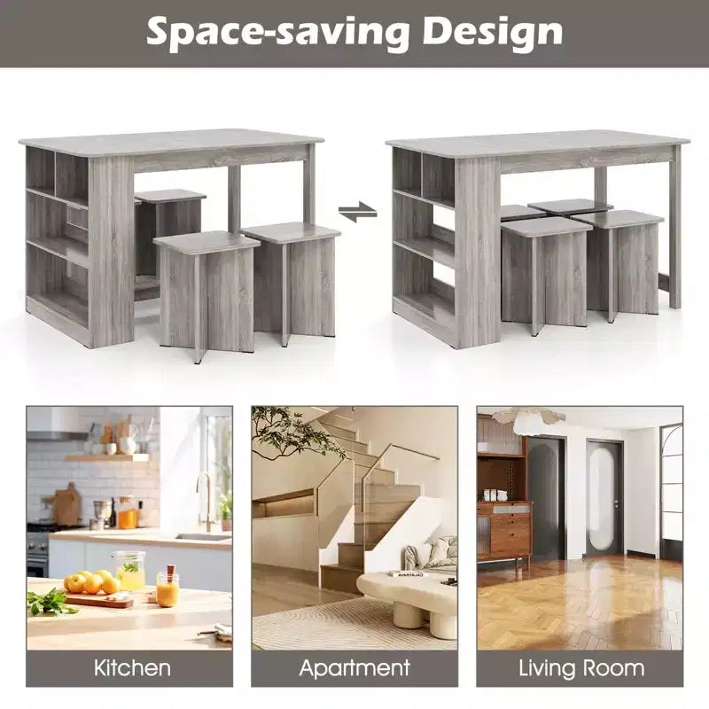 Set tavolo da pranzo Costway 5 pezzi con ripiano portaoggetti, tavolo da cucina rettangolare con 4 sgabelli Beige/Grigio