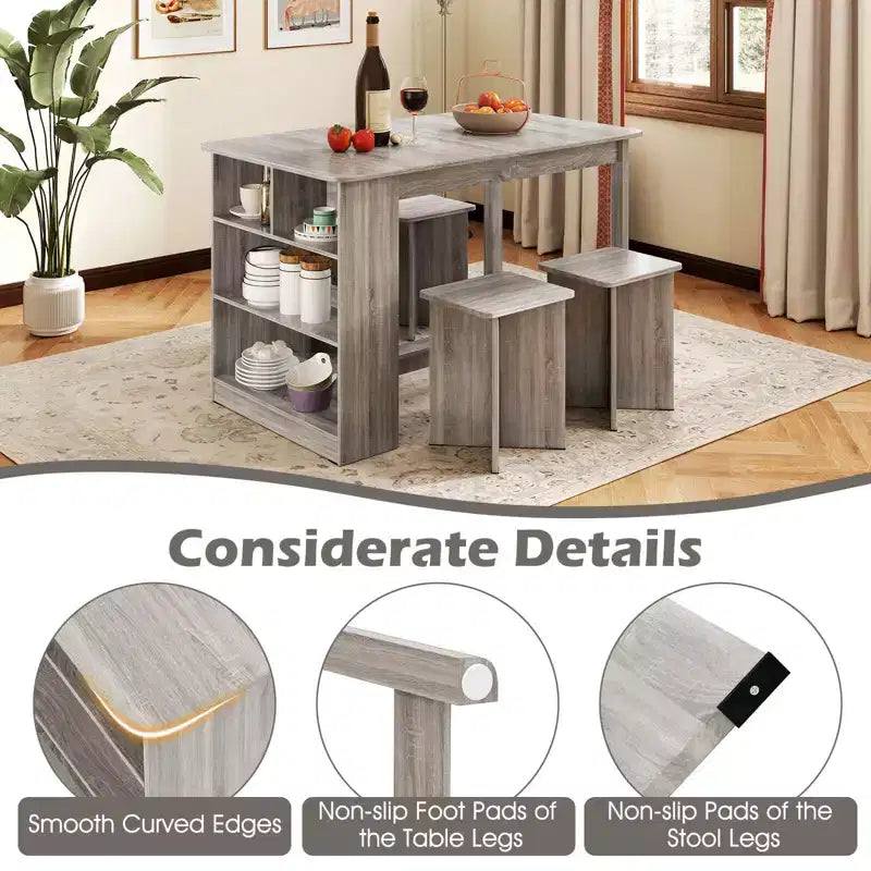 Set tavolo da pranzo Costway 5 pezzi con ripiano portaoggetti, tavolo da cucina rettangolare con 4 sgabelli Beige/Grigio