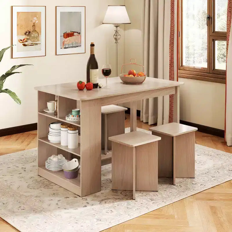 Set tavolo da pranzo Costway 5 pezzi con ripiano portaoggetti, tavolo da cucina rettangolare con 4 sgabelli Beige/Grigio