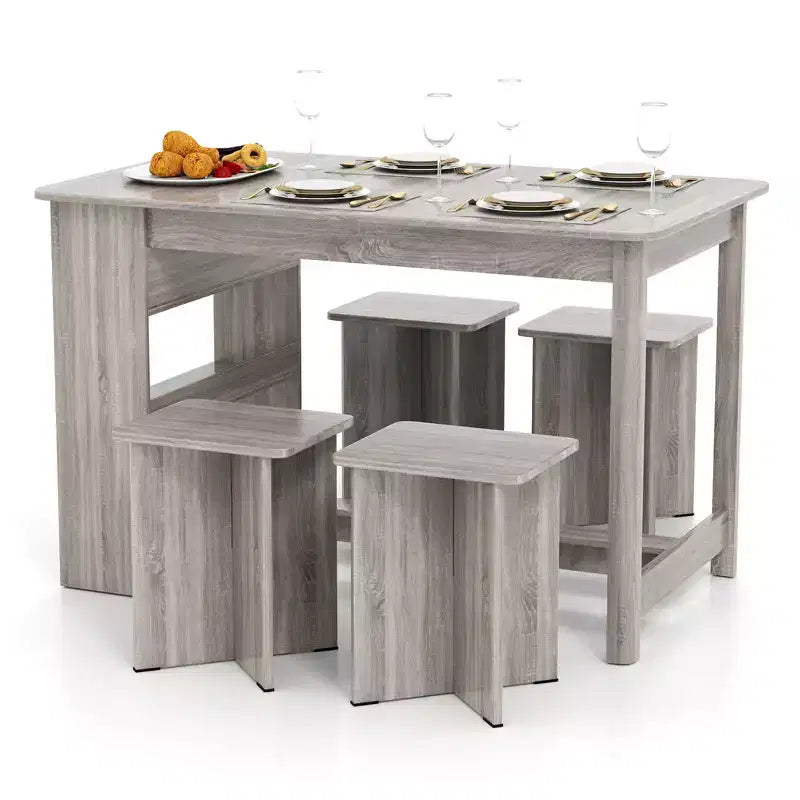 Set tavolo da pranzo Costway 5 pezzi con ripiano portaoggetti, tavolo da cucina rettangolare con 4 sgabelli Beige/Grigio