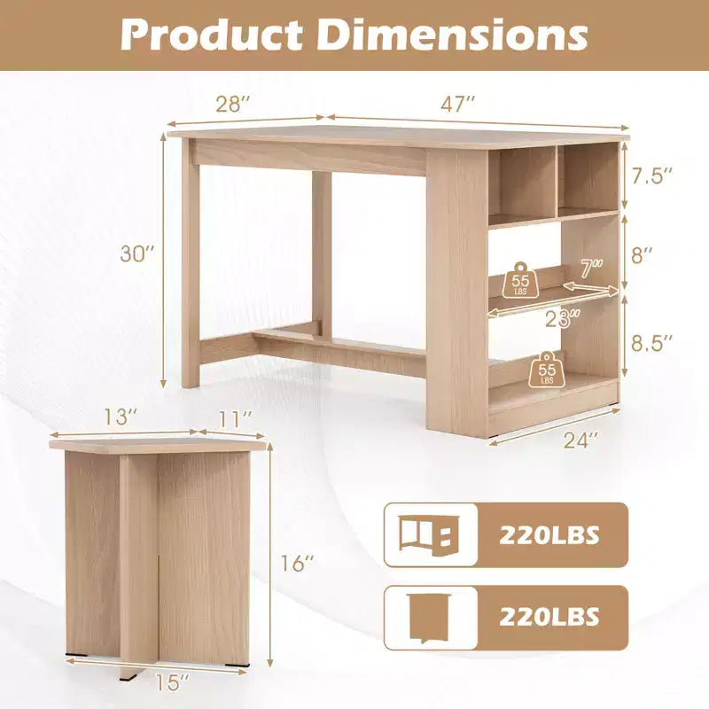 Set tavolo da pranzo Costway 5 pezzi con ripiano portaoggetti, tavolo da cucina rettangolare con 4 sgabelli Beige/Grigio