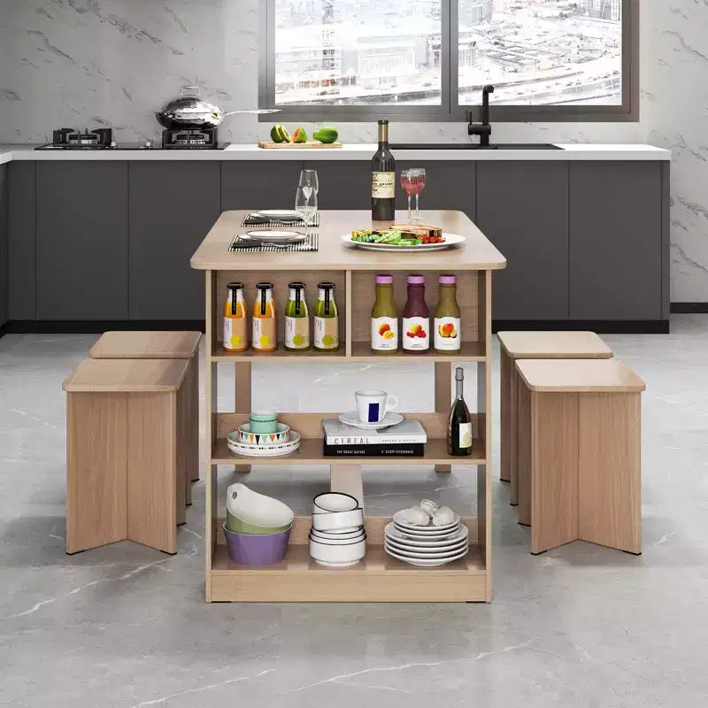 Set tavolo da pranzo Costway 5 pezzi con ripiano portaoggetti, tavolo da cucina rettangolare con 4 sgabelli Beige/Grigio