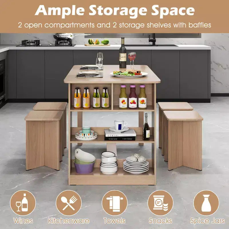 Set tavolo da pranzo Costway 5 pezzi con ripiano portaoggetti, tavolo da cucina rettangolare con 4 sgabelli Beige/Grigio