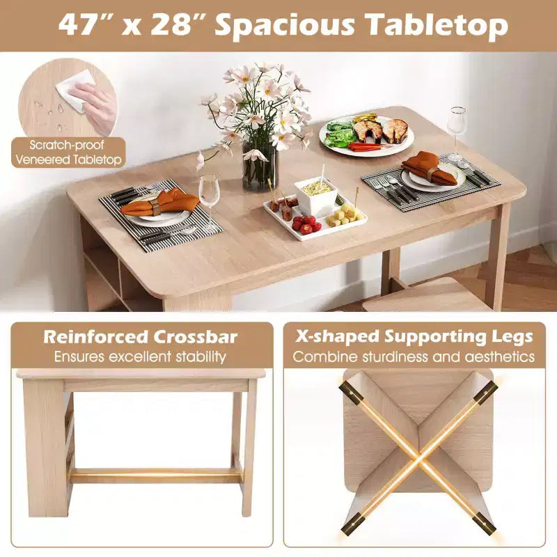 Set tavolo da pranzo Costway 5 pezzi con ripiano portaoggetti, tavolo da cucina rettangolare con 4 sgabelli Beige/Grigio
