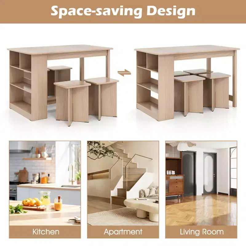 Set tavolo da pranzo Costway 5 pezzi con ripiano portaoggetti, tavolo da cucina rettangolare con 4 sgabelli Beige/Grigio