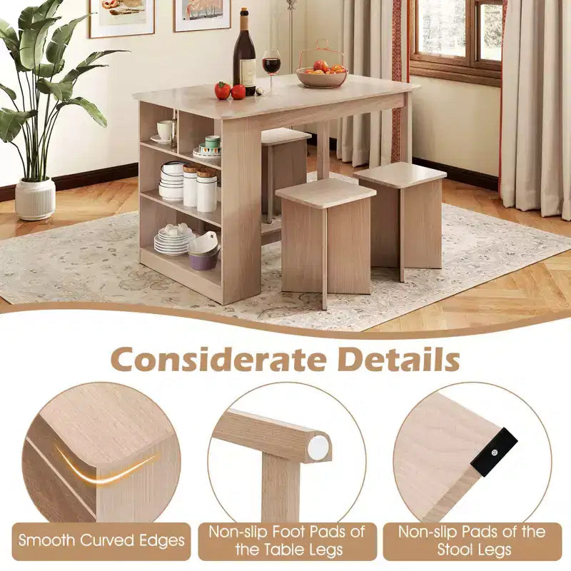 Set tavolo da pranzo Costway 5 pezzi con ripiano portaoggetti, tavolo da cucina rettangolare con 4 sgabelli Beige/Grigio