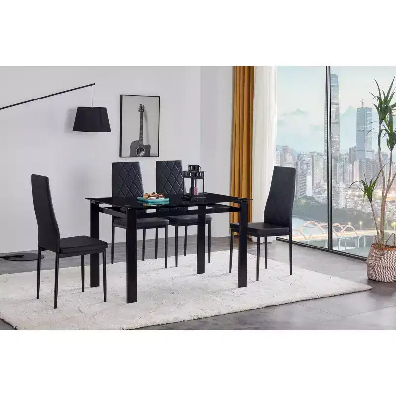 Set da pranzo da 5/7 pezzi con sedie in PU e tavolo da pranzo in vetro temperato, nero-ModernLuxe