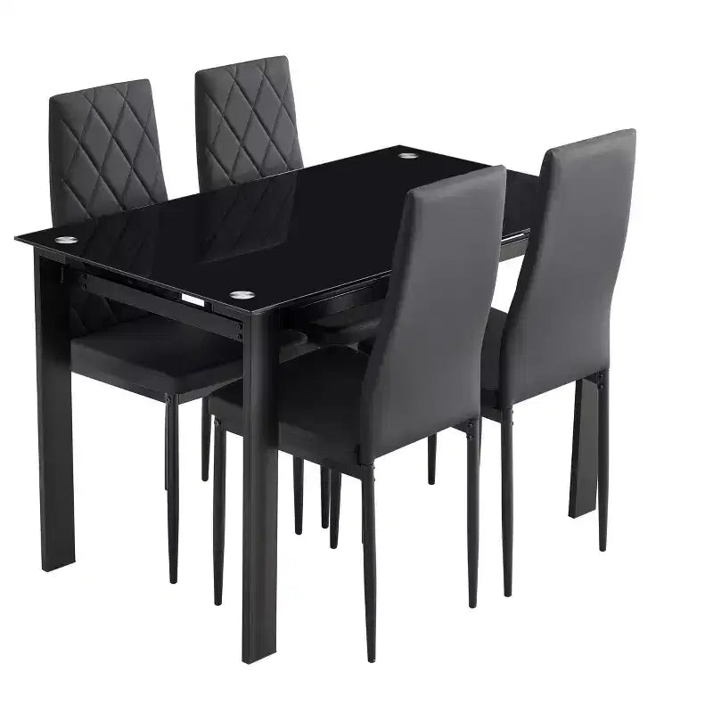 Set da pranzo da 5/7 pezzi con sedie in PU e tavolo da pranzo in vetro temperato, nero-ModernLuxe