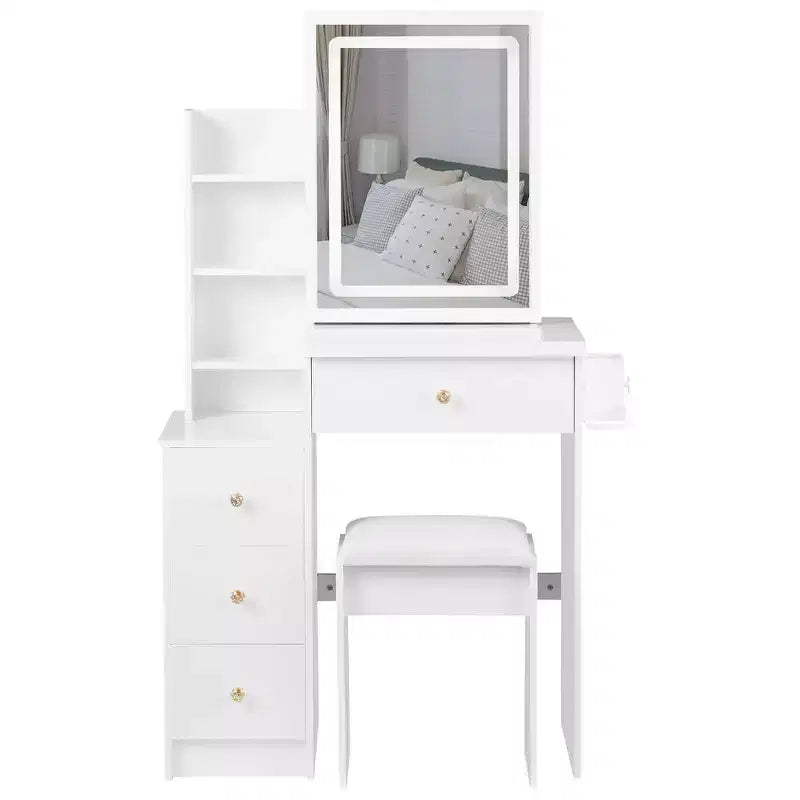 Toeletta Okak con cassetti e luci, compatta da 29,2 cm, comodino a sinistra con specchio scorrevole a LED oversize sensibile al tocco, bianco