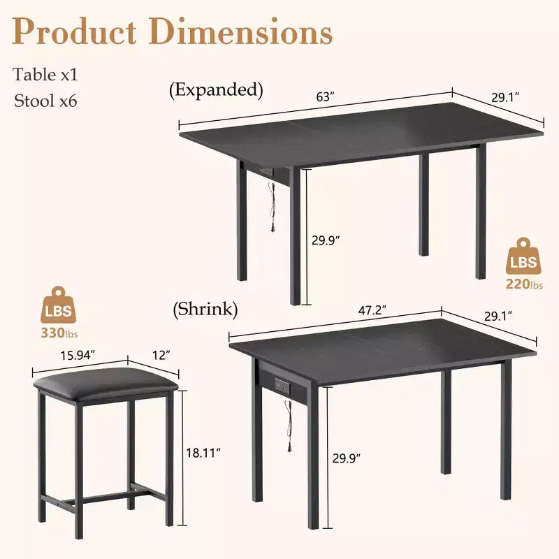 Set da tavolo da pranzo VECELO 7 pezzi con 6 sgabelli, tavolo da cucina allungabile da 160 cm con struttura in metallo, per piccoli spazi, nero