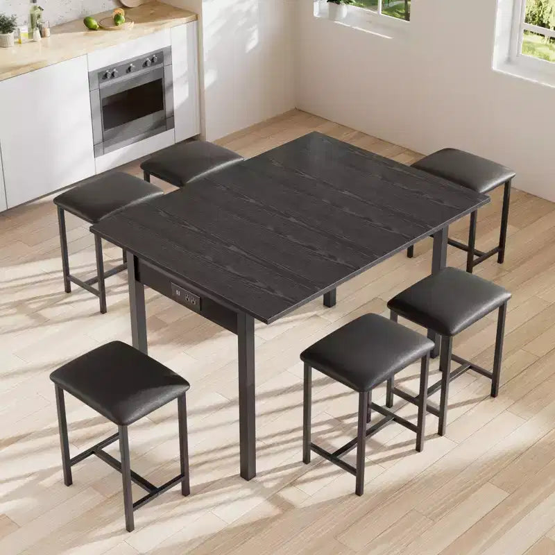 Set da tavolo da pranzo VECELO 7 pezzi con 6 sgabelli, tavolo da cucina allungabile da 160 cm con struttura in metallo, per piccoli spazi, nero