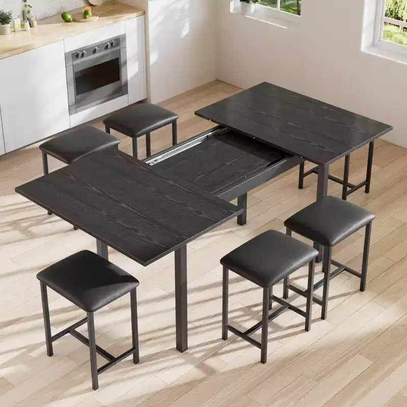 Set da tavolo da pranzo VECELO 7 pezzi con 6 sgabelli, tavolo da cucina allungabile da 160 cm con struttura in metallo, per piccoli spazi, nero