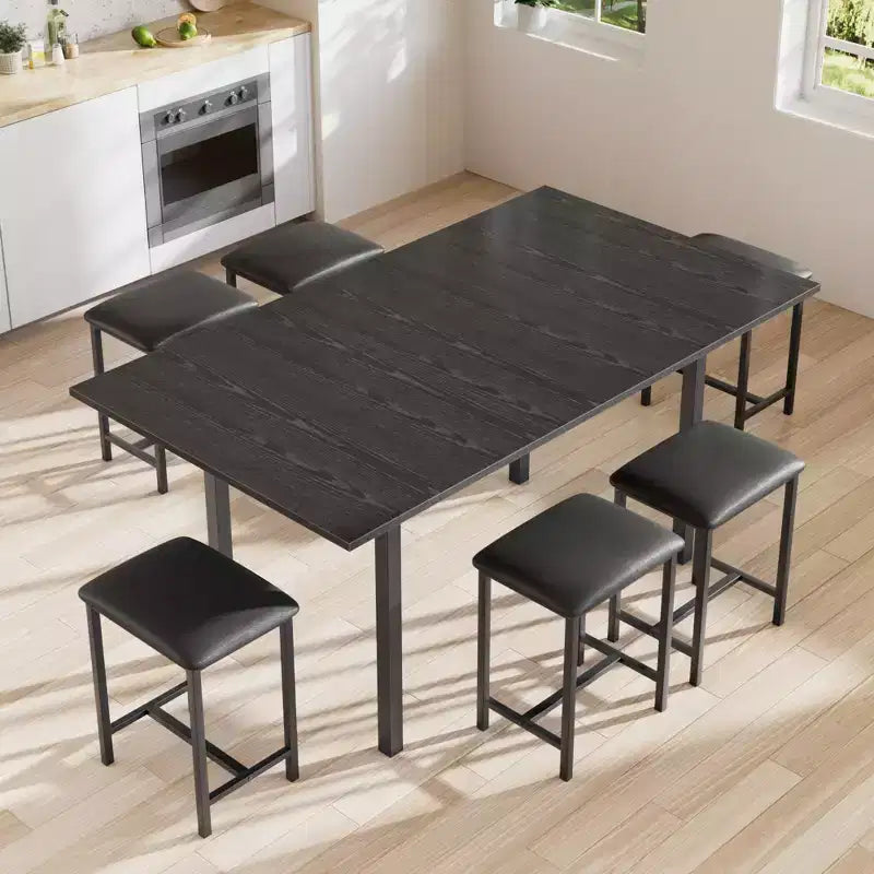 Set da tavolo da pranzo VECELO 7 pezzi con 6 sgabelli, tavolo da cucina allungabile da 160 cm con struttura in metallo, per piccoli spazi, nero