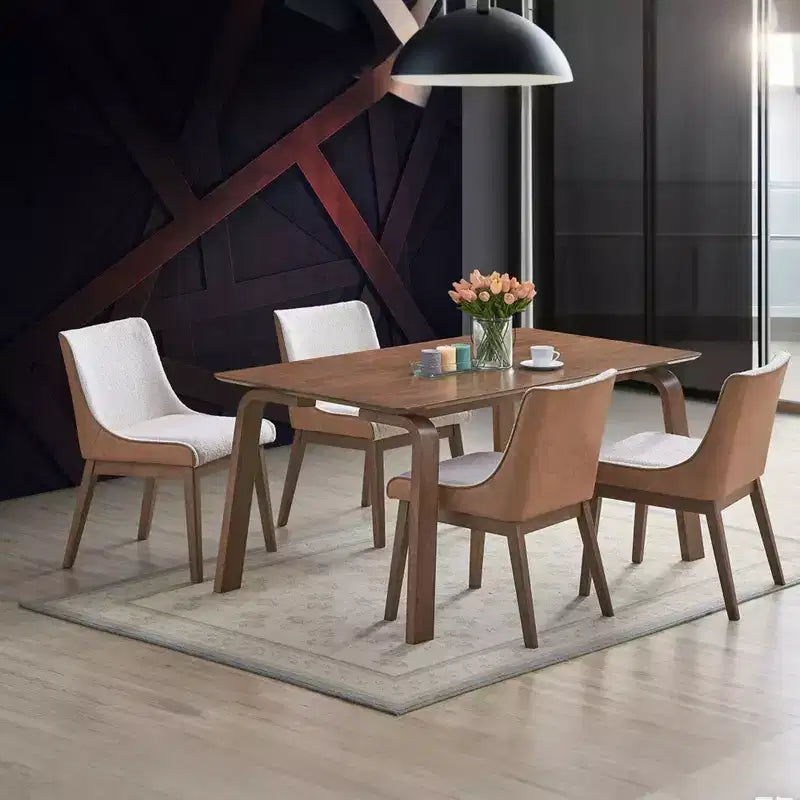 GDFStudio Tony Set da Pranzo 5 Pezzi in Legno di Caucciù con Rivestimento Bouclé