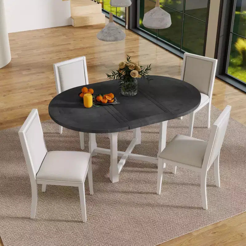 Set da pranzo allungabile Whisen da 5 pezzi per 4 persone, tavolo da pranzo rotondo per 4 persone con sedie imbottite
