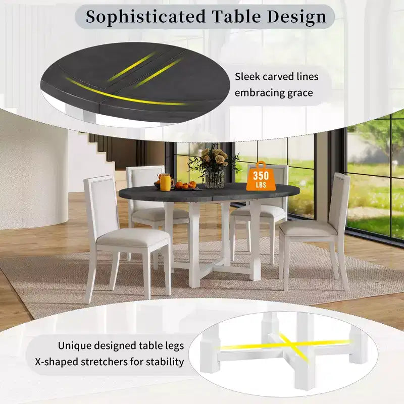 Set da pranzo allungabile Whisen da 5 pezzi per 4 persone, tavolo da pranzo rotondo per 4 persone con sedie imbottite