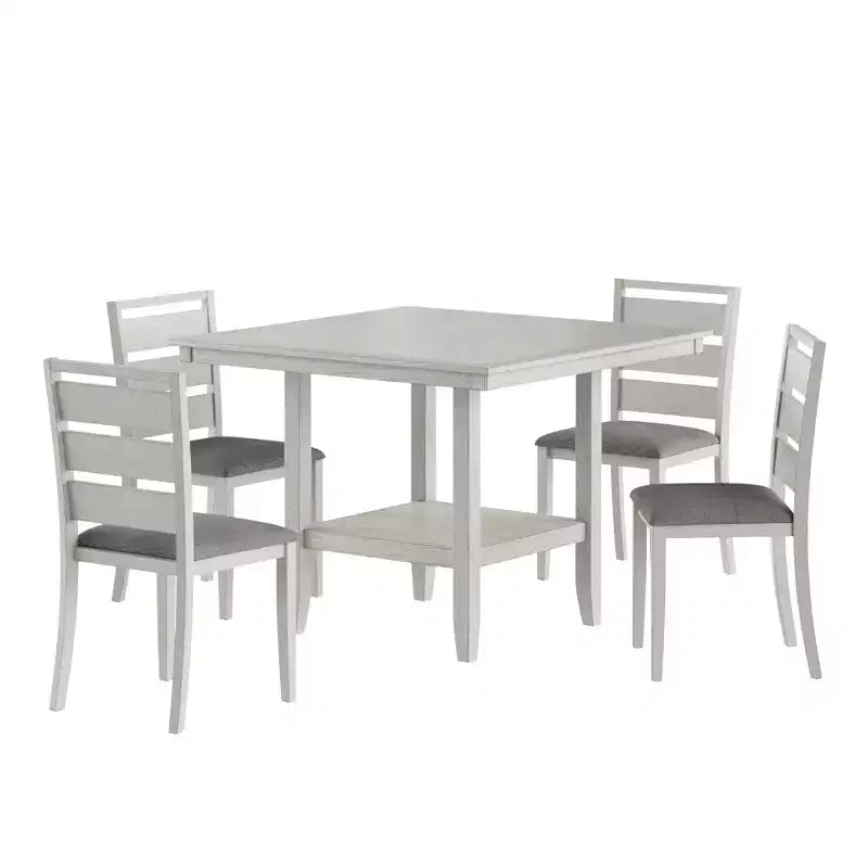 Set da pranzo rustico VECELO da 5 pezzi, tavolo quadrato in legno di gomma con ripiano e 4 sedie da pranzo imbottite senza braccioli per cucina, grigio