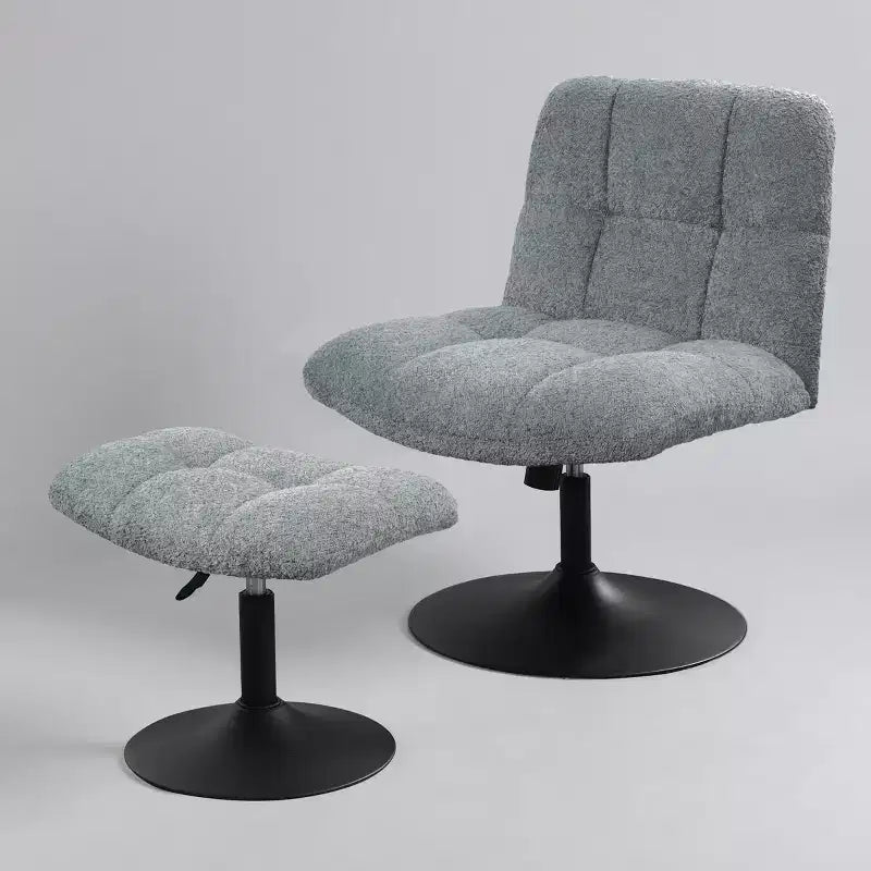 Poltrona girevole Art Leon Leisure in tessuto di lino con pouf, struttura in legno e metallo