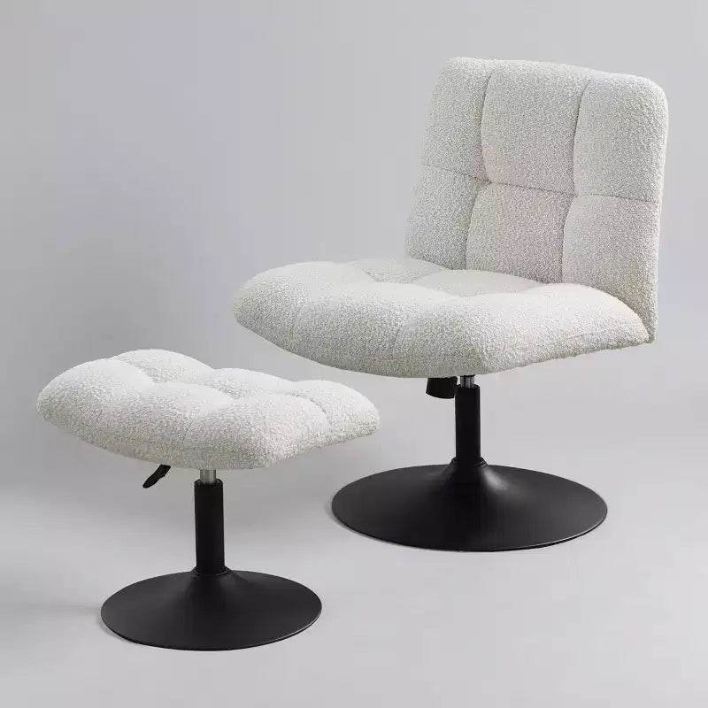 Poltrona girevole Art Leon Leisure in tessuto di lino con pouf, struttura in legno e metallo