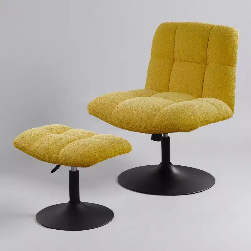 Poltrona girevole Art Leon Leisure in tessuto di lino con pouf, struttura in legno e metallo
