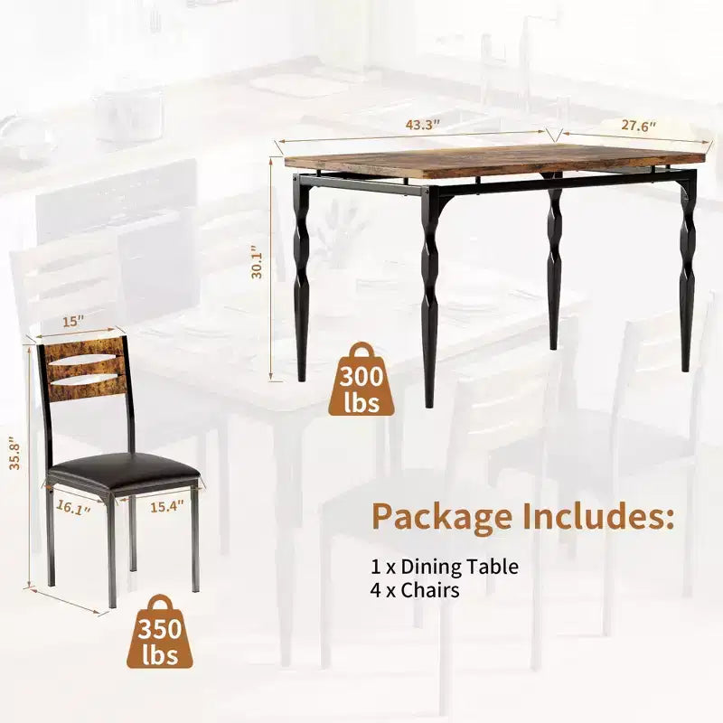 Set tavolo da pranzo da 5 pezzi, set tavolo da pranzo e sedie in stile industriale per 4 persone