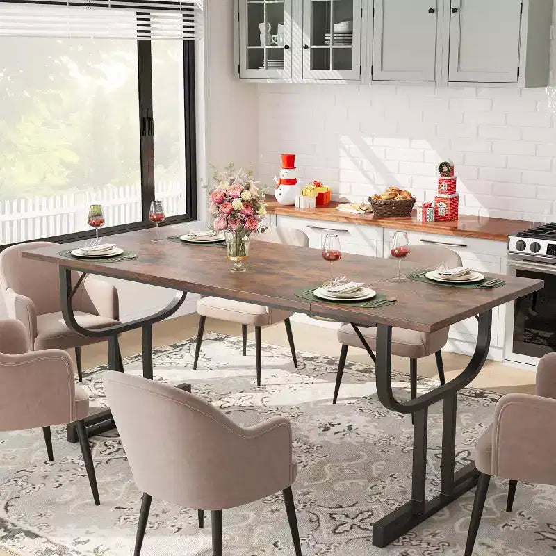 71 Inch Large Rectangular Dining Table for 4-6 People, Iron Wine Glass Legs, Elegant Contemporary Design, Dining Room Furniture for Apartments
