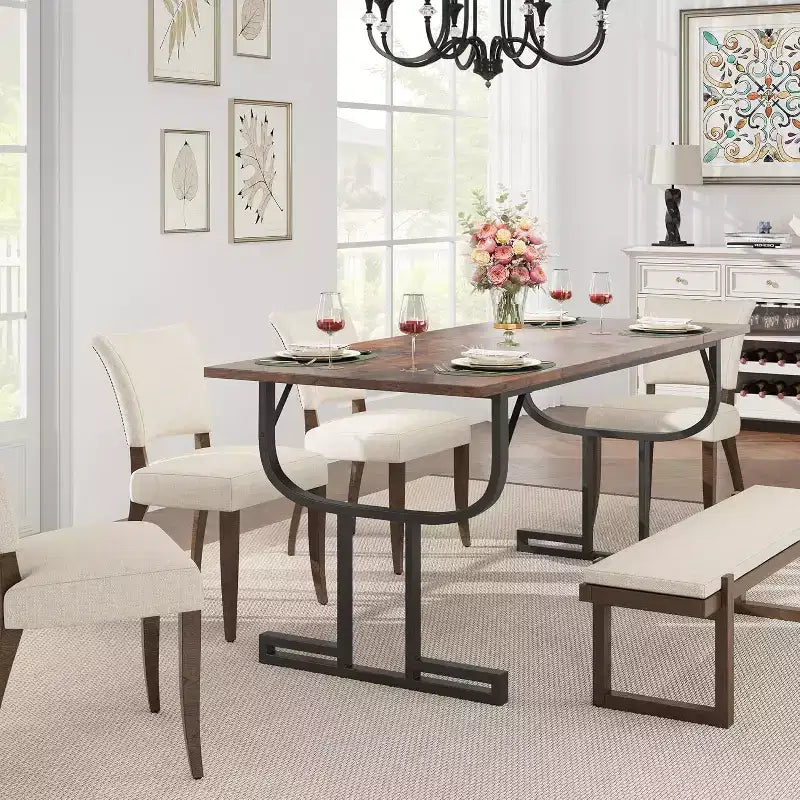 Tavolo da pranzo rettangolare grande da 71 pollici per 4-6 persone, gambe in ferro a bicchiere di vino, design contemporaneo elegante, mobili da sala da pranzo per appartamenti