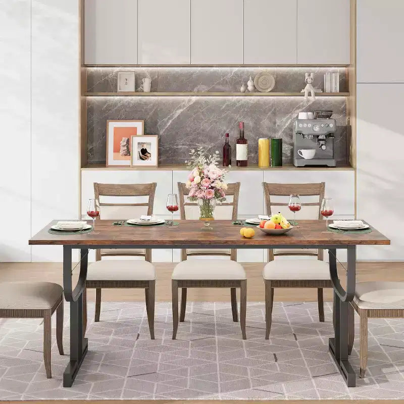 Tavolo da pranzo rettangolare grande da 71 pollici per 4-6 persone, gambe in ferro a bicchiere di vino, design contemporaneo elegante, mobili da sala da pranzo per appartamenti