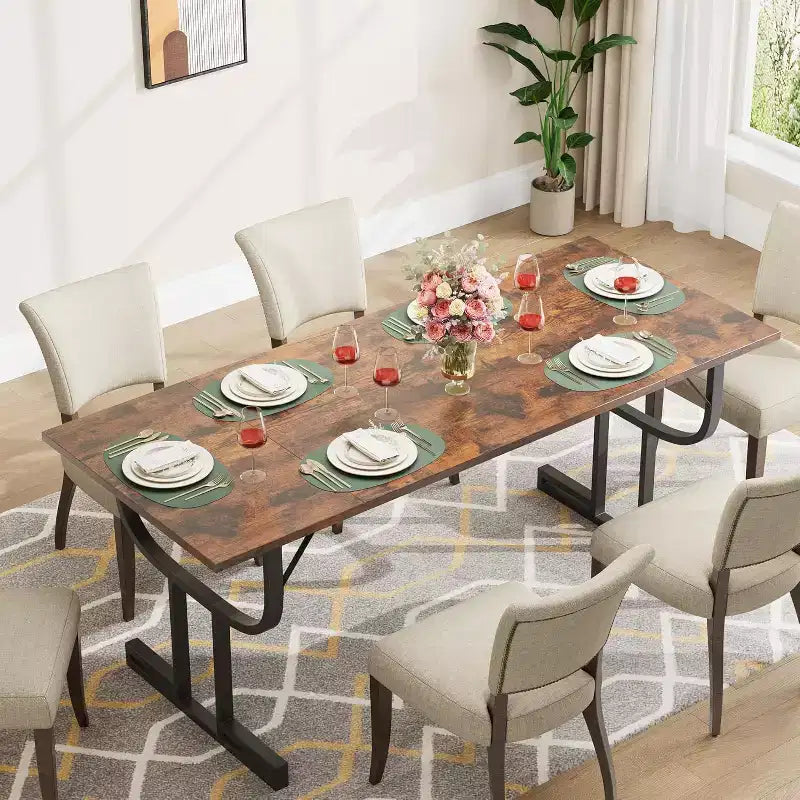 Tavolo da pranzo rettangolare grande da 71 pollici per 4-6 persone, gambe in ferro a bicchiere di vino, design contemporaneo elegante, mobili da sala da pranzo per appartamenti