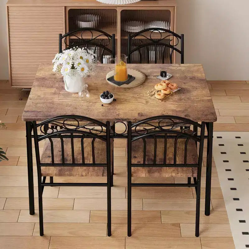 Set da pranzo con tavolo e 4 sedie, set tavolo e sedie da pranzo stile retrò industriale, tavolo e sedie da cucina, set da 5 pezzi per sala da pranzo, marrone