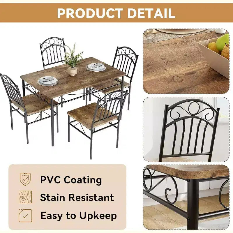 Set da pranzo con tavolo e 4 sedie, set tavolo e sedie da pranzo stile retrò industriale, tavolo e sedie da cucina, set da 5 pezzi per sala da pranzo, marrone