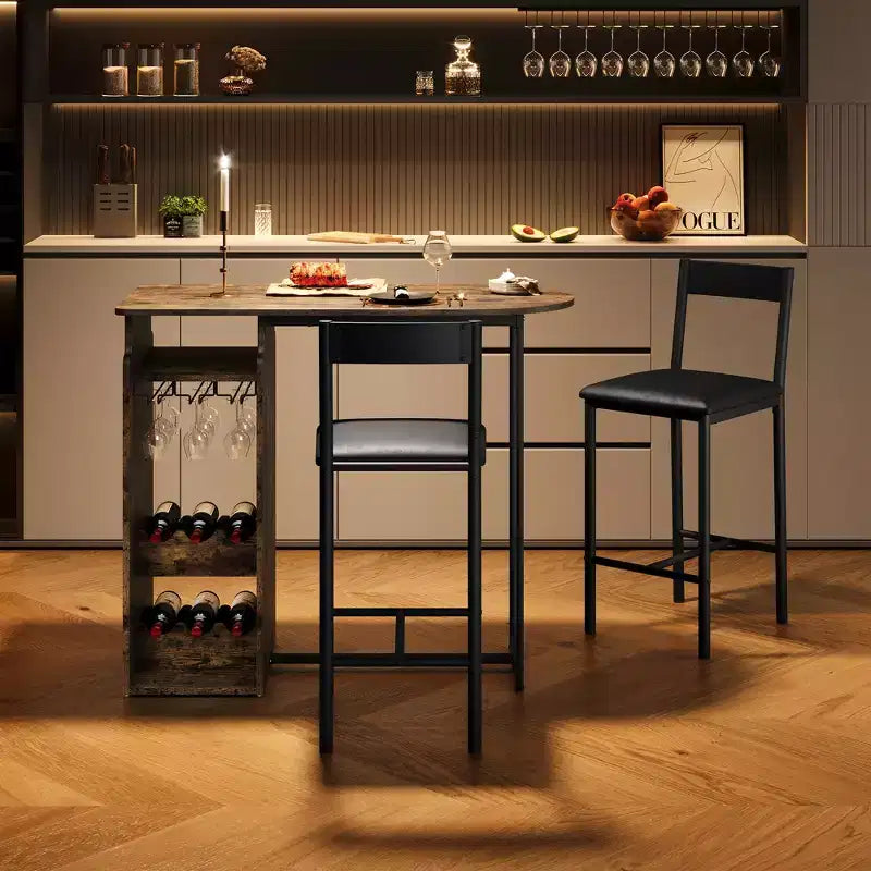 Set Tavolo e Sedie da Bar per 2 con Portabottiglie e Portabicchieri da Vino, Ripiano Portaoggetti Aperto, Tavolo Semicircolare in Legno, per Cucina, Sala da Pranzo