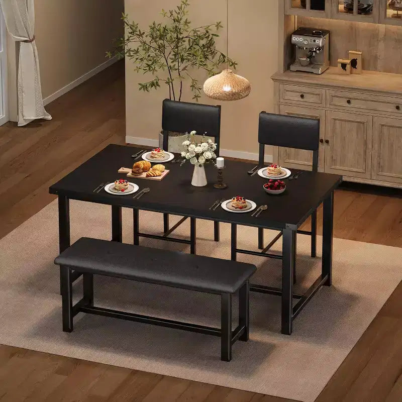 Set tavolo da pranzo per 4, tavolo da cucina e 2 sedie imbottite e 1 panca, set da pranzo in legno
