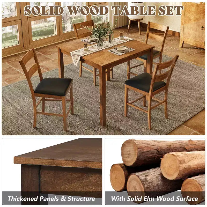 Set da pranzo AMERLIFE in legno massello 5 pezzi, sedie con schienale curvo e cuscini in PU, Nero/Noce