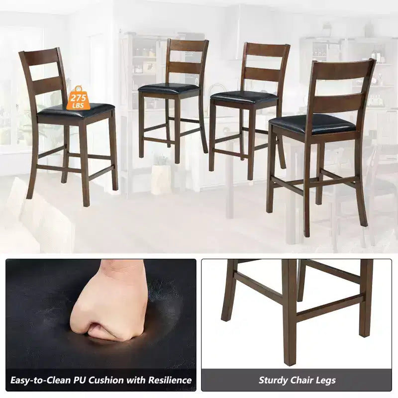Set da pranzo AMERLIFE in legno massello 5 pezzi, sedie con schienale curvo e cuscini in PU, Nero/Noce