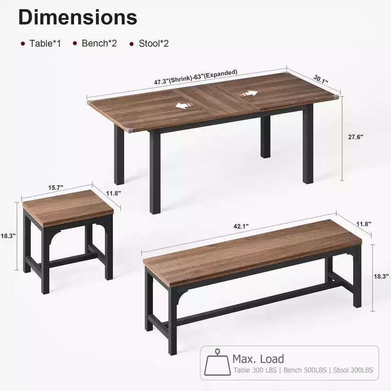 Set da Pranzo di 5 Pezzi per 4-6 Persone, Grande Tavolo da Pranzo Estensibile da 160 cm con Panche e Sgabelli