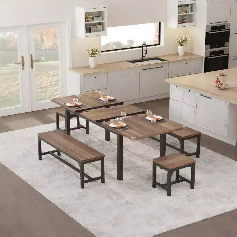 Set da Pranzo di 5 Pezzi per 4-6 Persone, Grande Tavolo da Pranzo Estensibile da 160 cm con Panche e Sgabelli