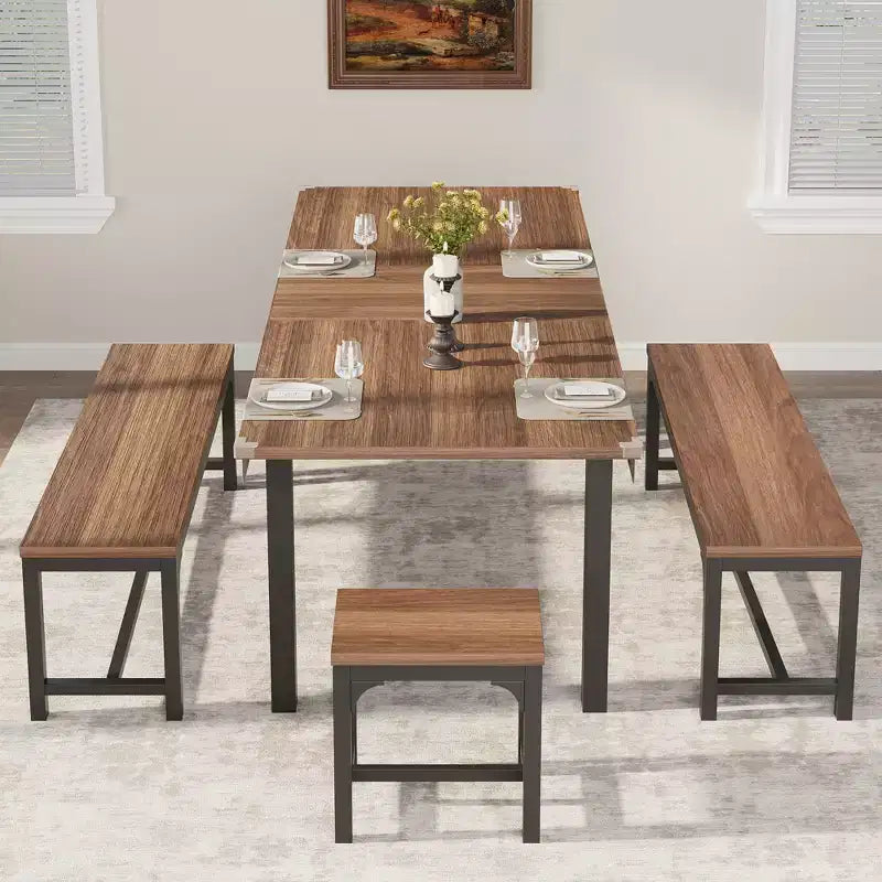 Set da Pranzo di 5 Pezzi per 4-6 Persone, Grande Tavolo da Pranzo Estensibile da 160 cm con Panche e Sgabelli